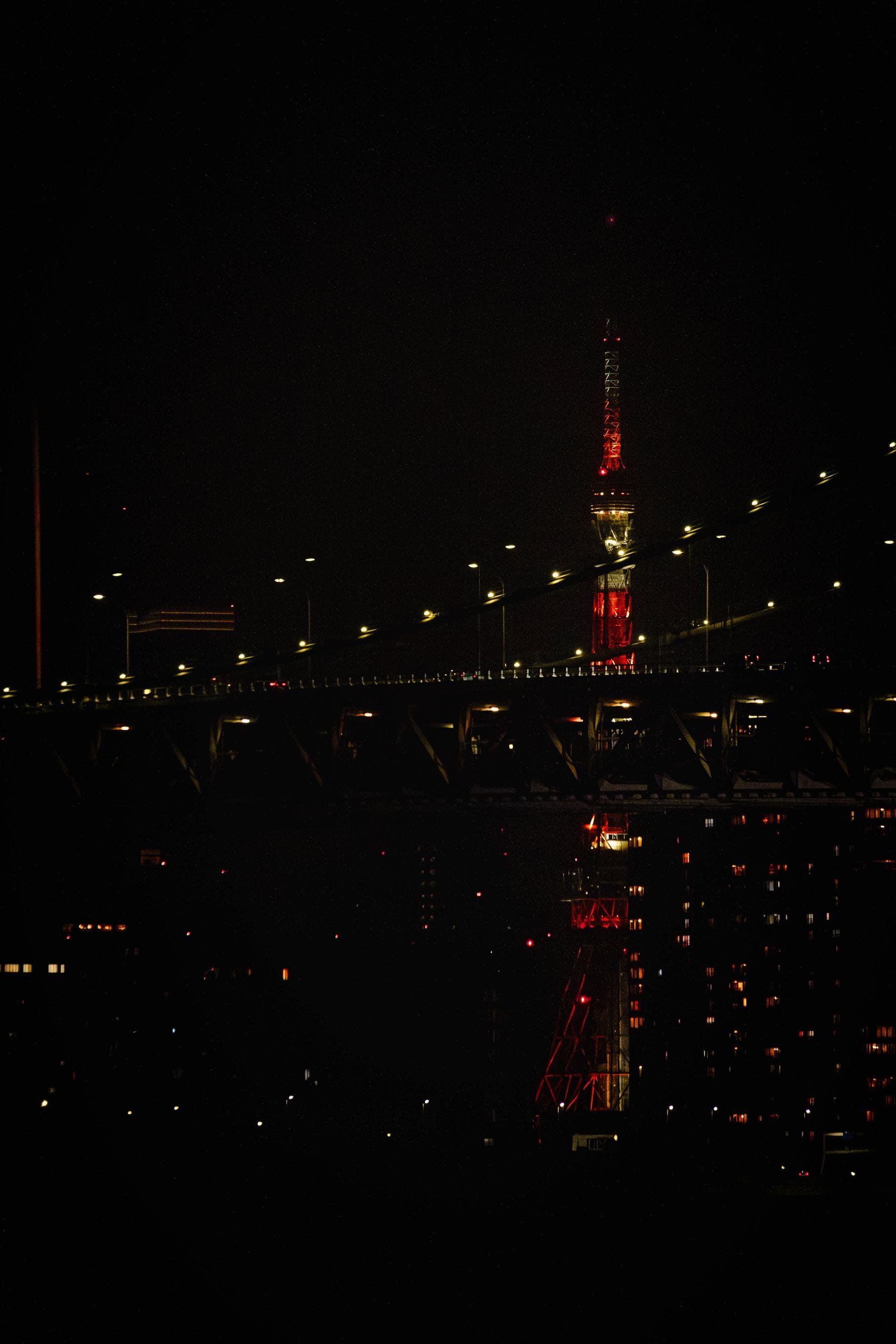 A city skyline at night, a tall lit communications tower rising above a harbour bridge
